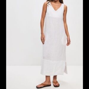 FLAX Ivory White Sleeveless 100% Linen V-neck Maxi Dress‎ side vents Sz Small